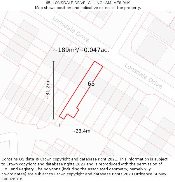 65, LONSDALE DRIVE, GILLINGHAM, ME8 9HY: Plot and title map