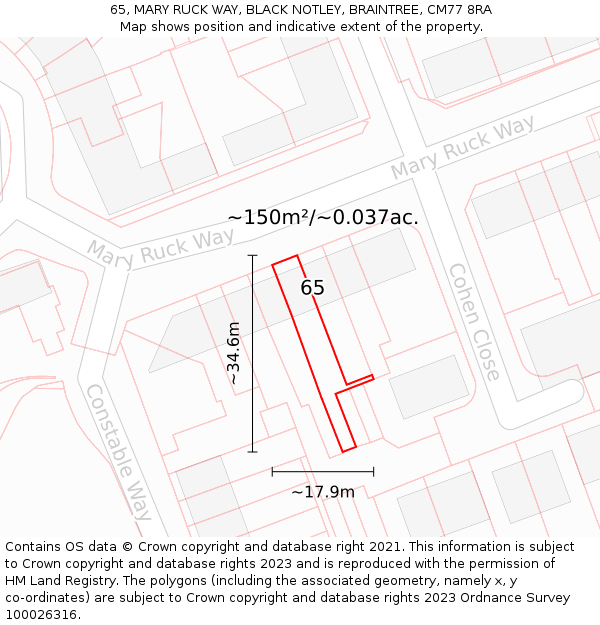 65, MARY RUCK WAY, BLACK NOTLEY, BRAINTREE, CM77 8RA: Plot and title map