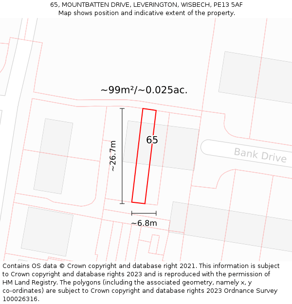 65, MOUNTBATTEN DRIVE, LEVERINGTON, WISBECH, PE13 5AF: Plot and title map