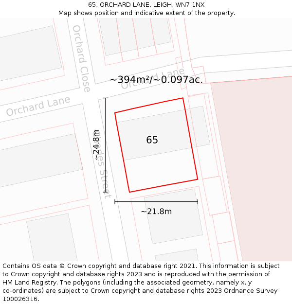 65, ORCHARD LANE, LEIGH, WN7 1NX: Plot and title map
