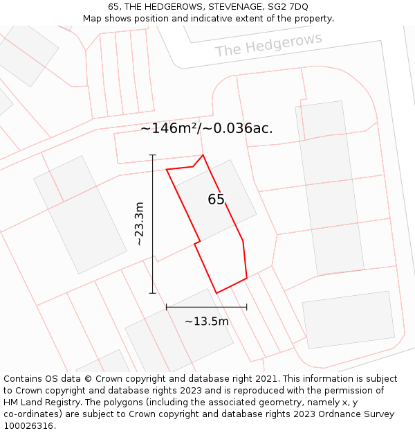 65, THE HEDGEROWS, STEVENAGE, SG2 7DQ: Plot and title map
