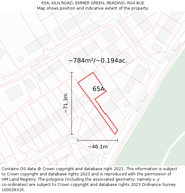 65A, KILN ROAD, EMMER GREEN, READING, RG4 8UE: Plot and title map