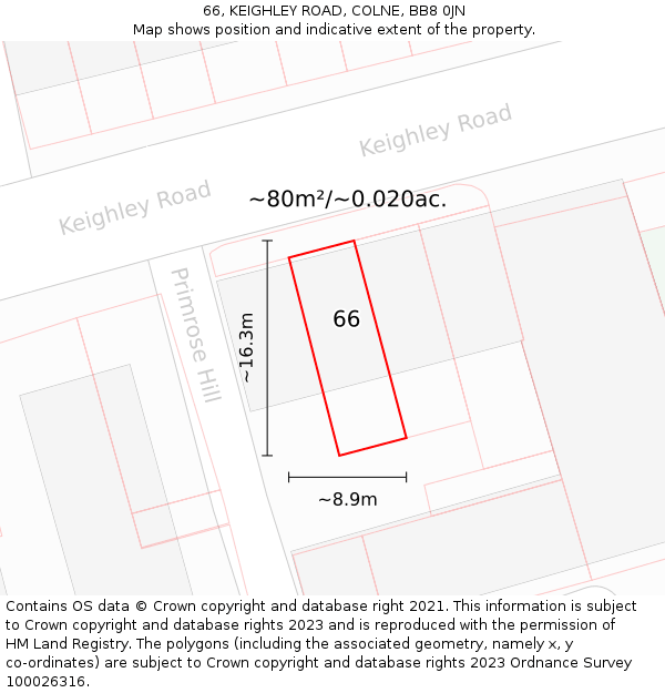 66, KEIGHLEY ROAD, COLNE, BB8 0JN: Plot and title map