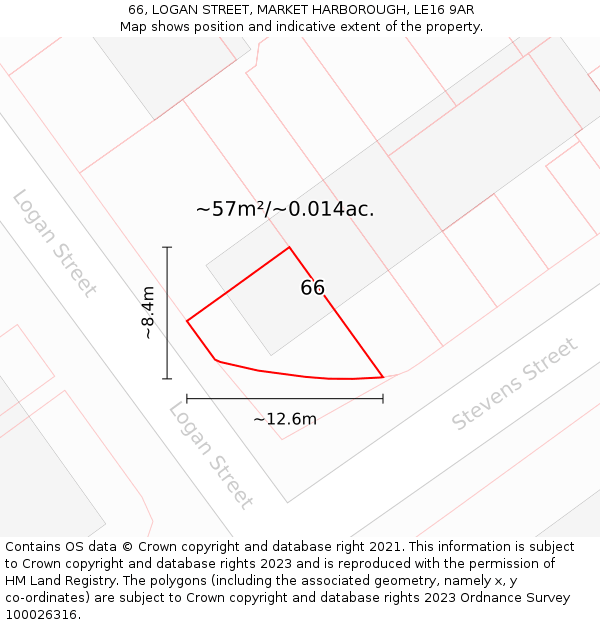66, LOGAN STREET, MARKET HARBOROUGH, LE16 9AR: Plot and title map