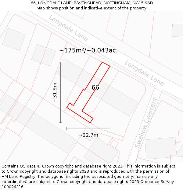 66, LONGDALE LANE, RAVENSHEAD, NOTTINGHAM, NG15 9AD: Plot and title map