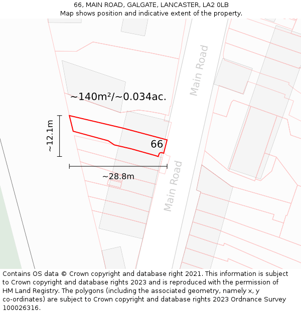 66, MAIN ROAD, GALGATE, LANCASTER, LA2 0LB: Plot and title map