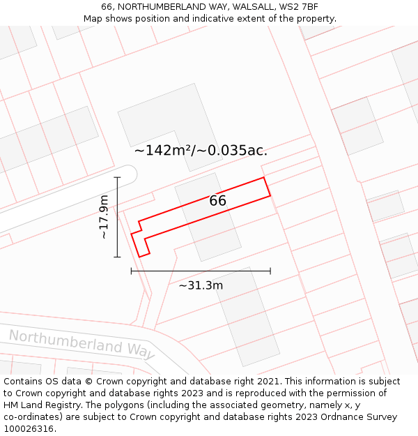 66, NORTHUMBERLAND WAY, WALSALL, WS2 7BF: Plot and title map