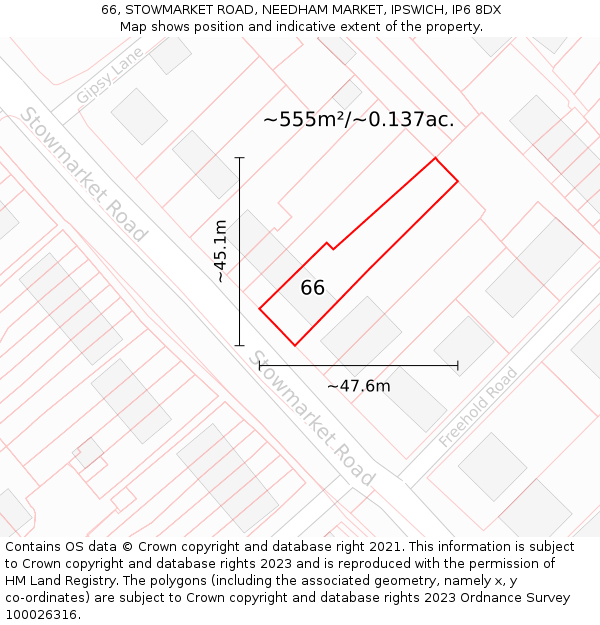 66, STOWMARKET ROAD, NEEDHAM MARKET, IPSWICH, IP6 8DX: Plot and title map