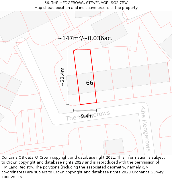 66, THE HEDGEROWS, STEVENAGE, SG2 7BW: Plot and title map