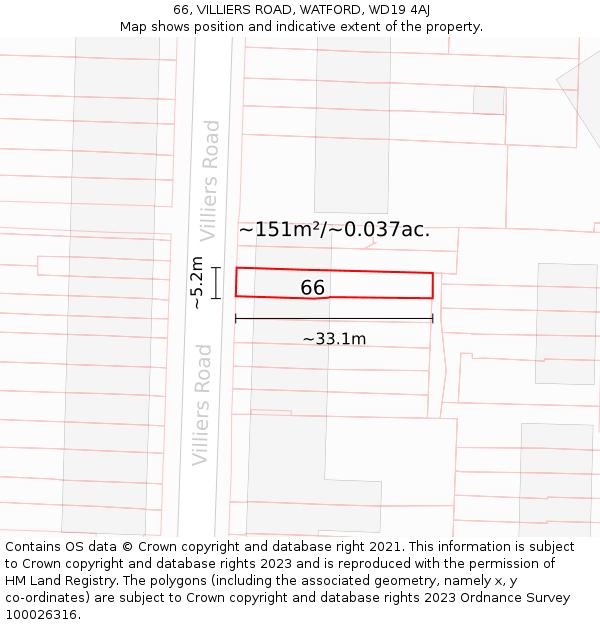 66, VILLIERS ROAD, WATFORD, WD19 4AJ: Plot and title map