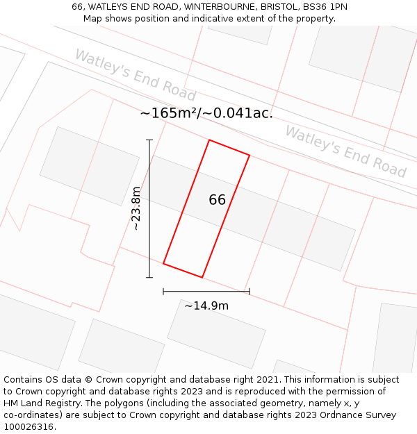 66, WATLEYS END ROAD, WINTERBOURNE, BRISTOL, BS36 1PN: Plot and title map