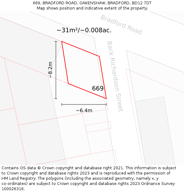 669, BRADFORD ROAD, OAKENSHAW, BRADFORD, BD12 7DT: Plot and title map