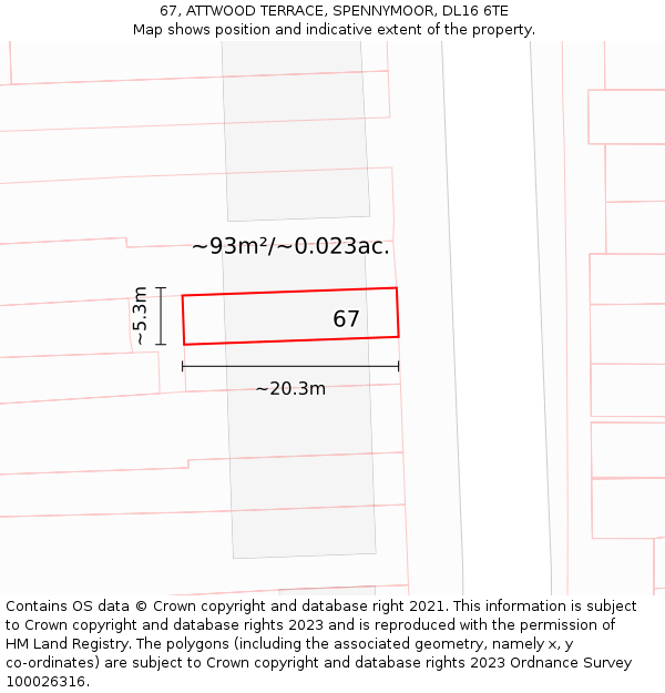 67, ATTWOOD TERRACE, SPENNYMOOR, DL16 6TE: Plot and title map
