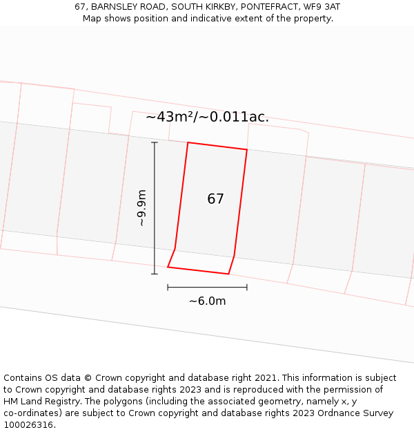 67, BARNSLEY ROAD, SOUTH KIRKBY, PONTEFRACT, WF9 3AT: Plot and title map