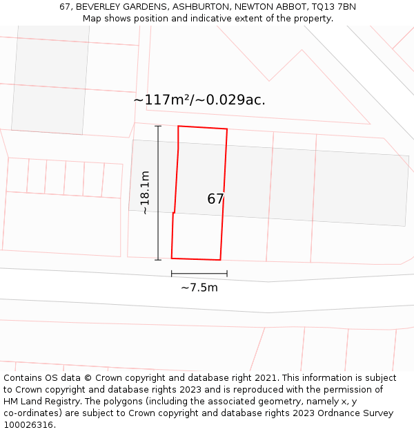 67, BEVERLEY GARDENS, ASHBURTON, NEWTON ABBOT, TQ13 7BN: Plot and title map
