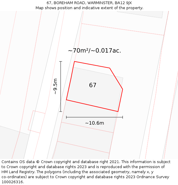 67, BOREHAM ROAD, WARMINSTER, BA12 9JX: Plot and title map