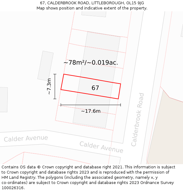 67, CALDERBROOK ROAD, LITTLEBOROUGH, OL15 9JG: Plot and title map
