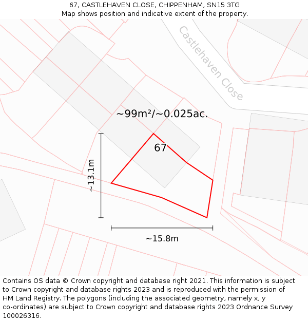 67, CASTLEHAVEN CLOSE, CHIPPENHAM, SN15 3TG: Plot and title map