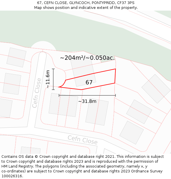 67, CEFN CLOSE, GLYNCOCH, PONTYPRIDD, CF37 3PS: Plot and title map