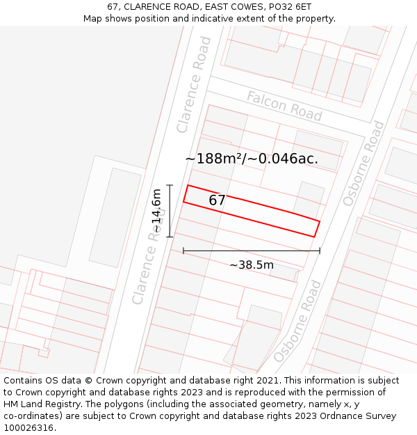 67, CLARENCE ROAD, EAST COWES, PO32 6ET: Plot and title map