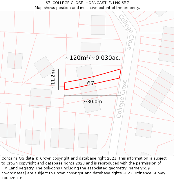 67, COLLEGE CLOSE, HORNCASTLE, LN9 6BZ: Plot and title map