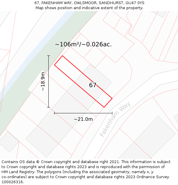 67, FAKENHAM WAY, OWLSMOOR, SANDHURST, GU47 0YS: Plot and title map