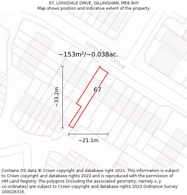 67, LONSDALE DRIVE, GILLINGHAM, ME8 9HY: Plot and title map
