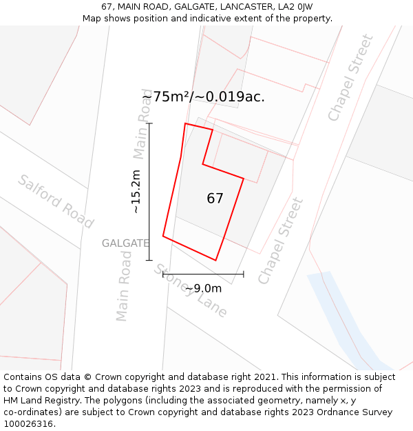 67, MAIN ROAD, GALGATE, LANCASTER, LA2 0JW: Plot and title map