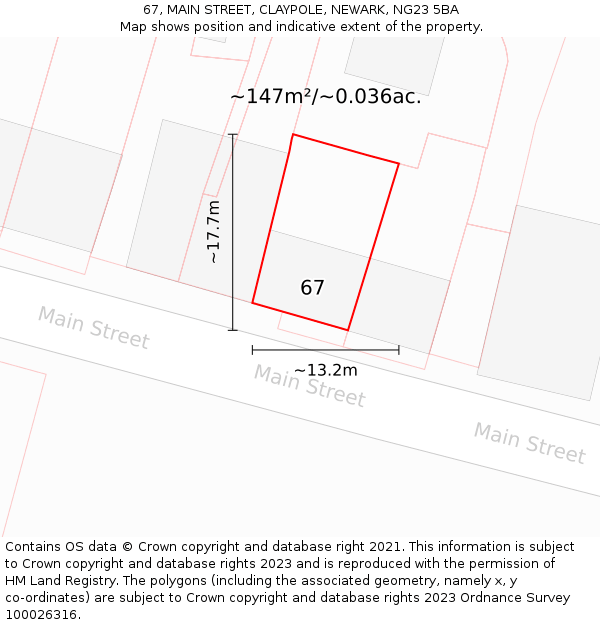67, MAIN STREET, CLAYPOLE, NEWARK, NG23 5BA: Plot and title map