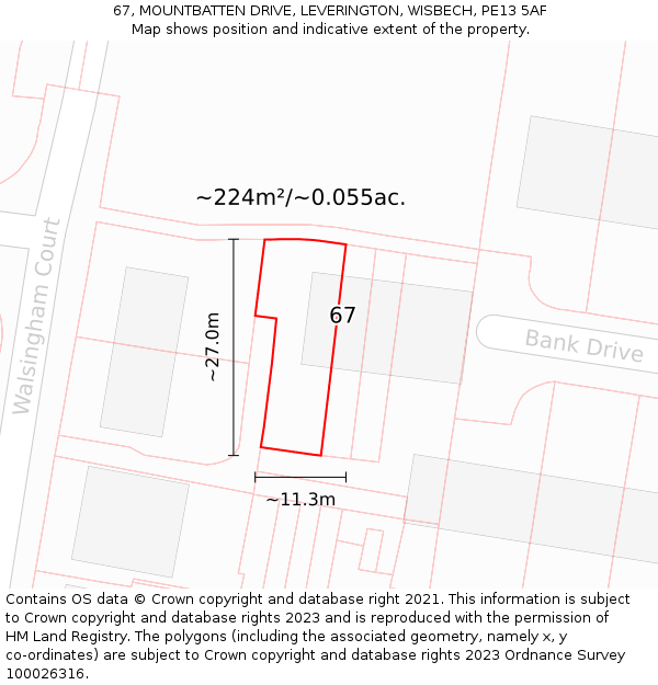 67, MOUNTBATTEN DRIVE, LEVERINGTON, WISBECH, PE13 5AF: Plot and title map