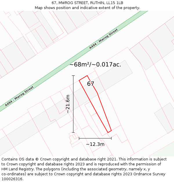 67, MWROG STREET, RUTHIN, LL15 1LB: Plot and title map