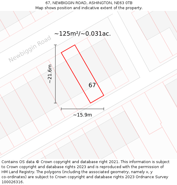 67, NEWBIGGIN ROAD, ASHINGTON, NE63 0TB: Plot and title map