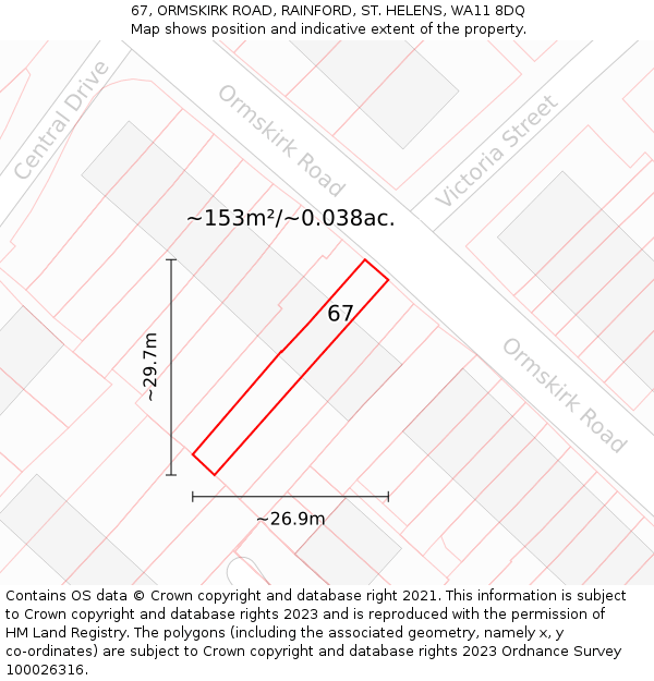 67, ORMSKIRK ROAD, RAINFORD, ST. HELENS, WA11 8DQ: Plot and title map