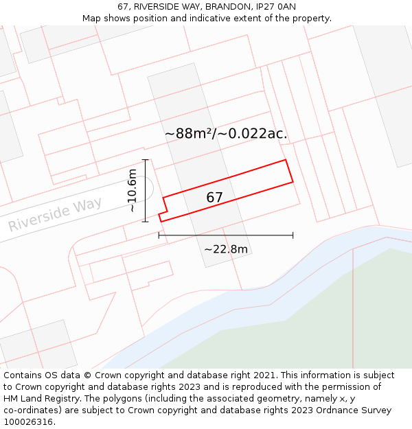 67, RIVERSIDE WAY, BRANDON, IP27 0AN: Plot and title map