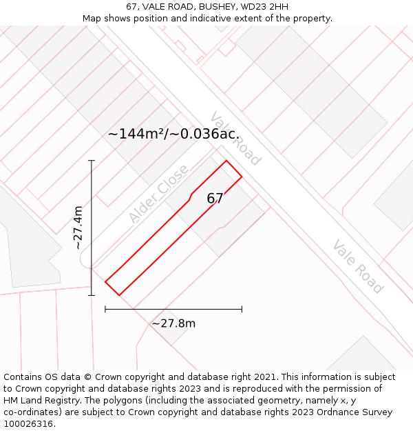 67, VALE ROAD, BUSHEY, WD23 2HH: Plot and title map