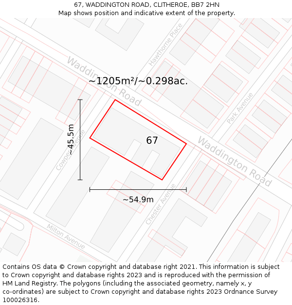 67, WADDINGTON ROAD, CLITHEROE, BB7 2HN: Plot and title map