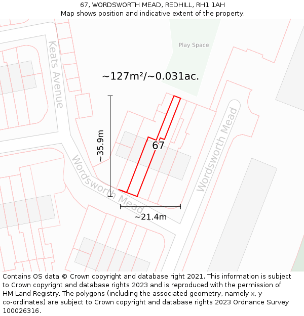 67, WORDSWORTH MEAD, REDHILL, RH1 1AH: Plot and title map