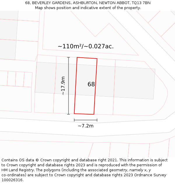 68, BEVERLEY GARDENS, ASHBURTON, NEWTON ABBOT, TQ13 7BN: Plot and title map