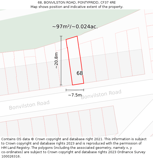 68, BONVILSTON ROAD, PONTYPRIDD, CF37 4RE: Plot and title map