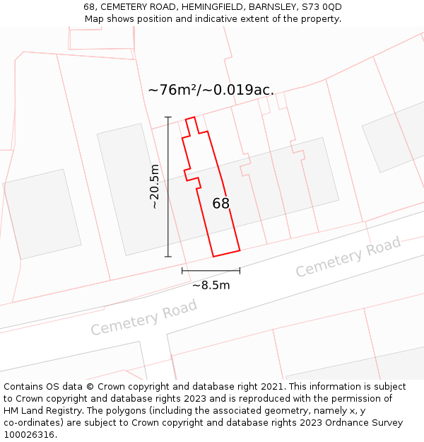 68, CEMETERY ROAD, HEMINGFIELD, BARNSLEY, S73 0QD: Plot and title map
