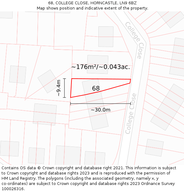 68, COLLEGE CLOSE, HORNCASTLE, LN9 6BZ: Plot and title map