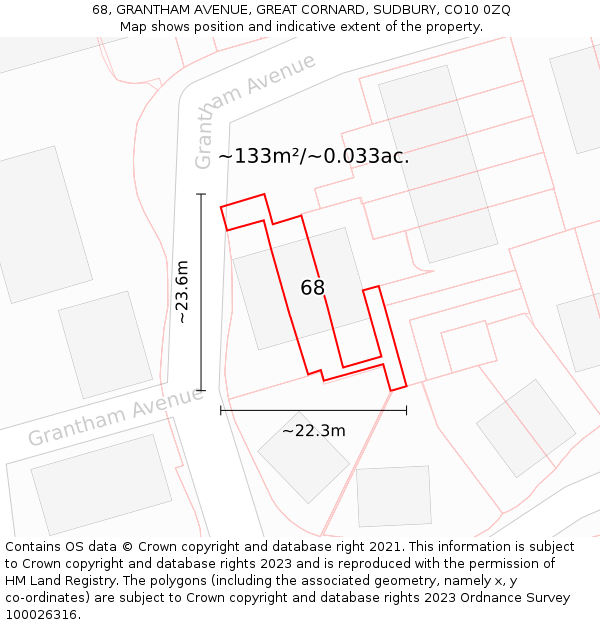 68, GRANTHAM AVENUE, GREAT CORNARD, SUDBURY, CO10 0ZQ: Plot and title map