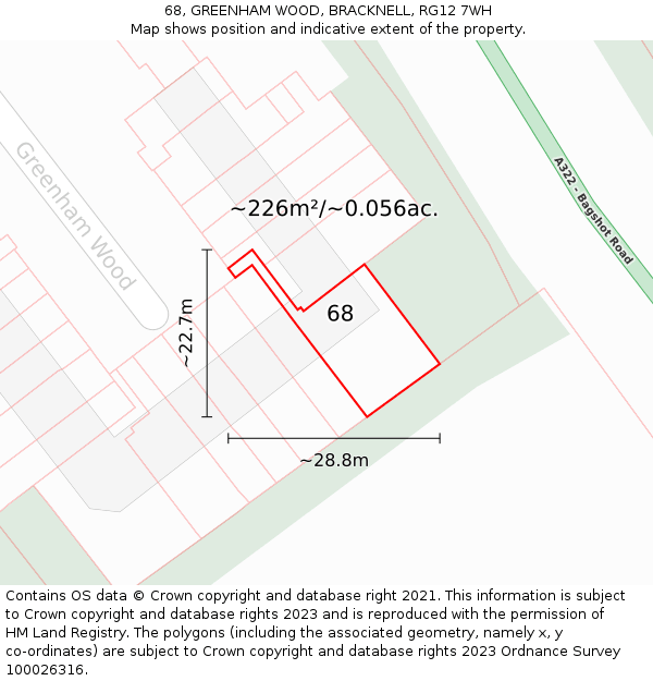 68, GREENHAM WOOD, BRACKNELL, RG12 7WH: Plot and title map