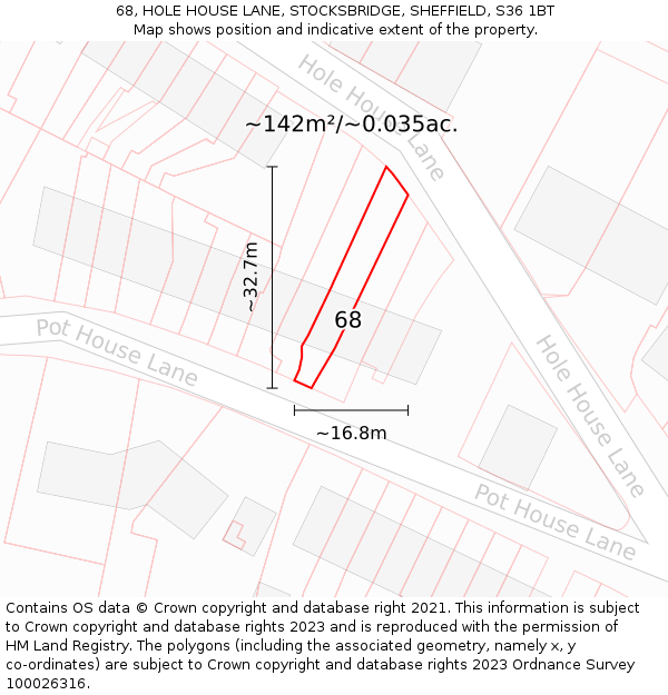 68, HOLE HOUSE LANE, STOCKSBRIDGE, SHEFFIELD, S36 1BT: Plot and title map