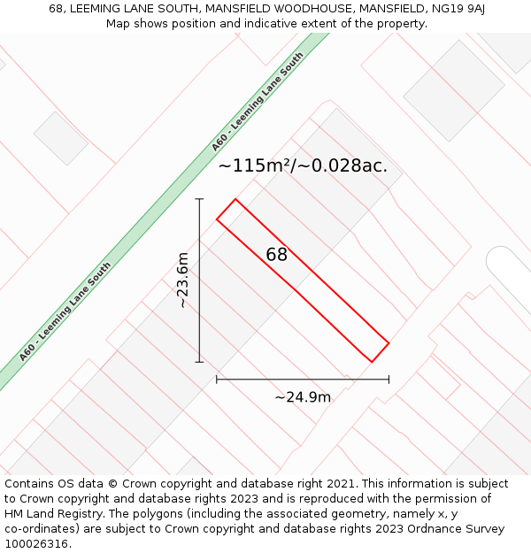 68, LEEMING LANE SOUTH, MANSFIELD WOODHOUSE, MANSFIELD, NG19 9AJ: Plot and title map