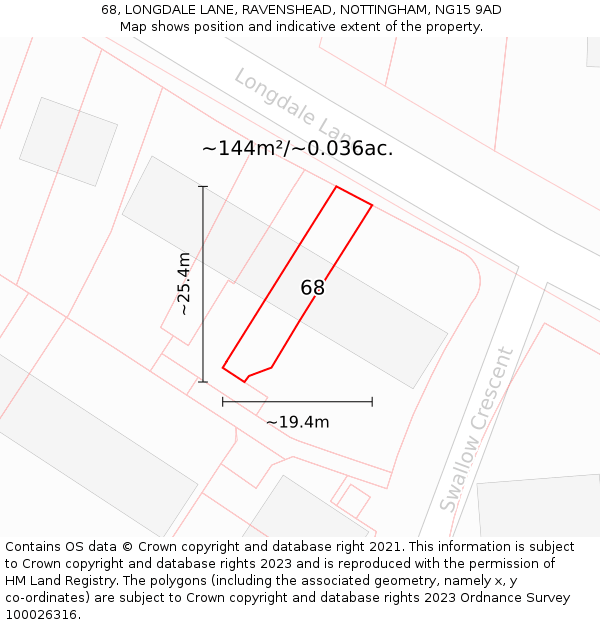 68, LONGDALE LANE, RAVENSHEAD, NOTTINGHAM, NG15 9AD: Plot and title map