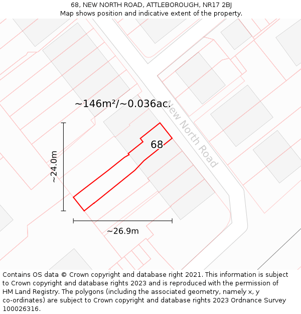 68, NEW NORTH ROAD, ATTLEBOROUGH, NR17 2BJ: Plot and title map