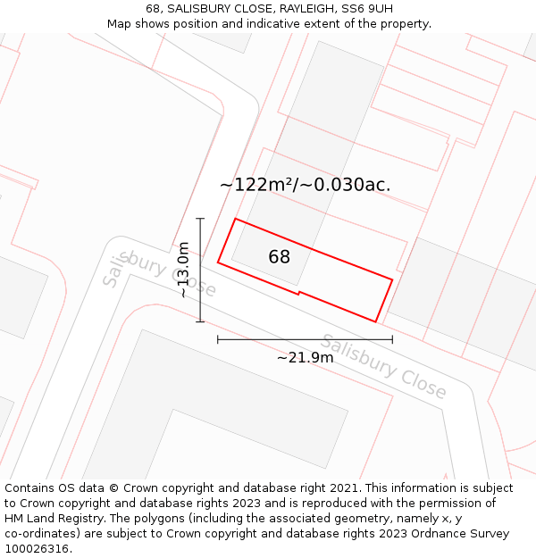 68, SALISBURY CLOSE, RAYLEIGH, SS6 9UH: Plot and title map