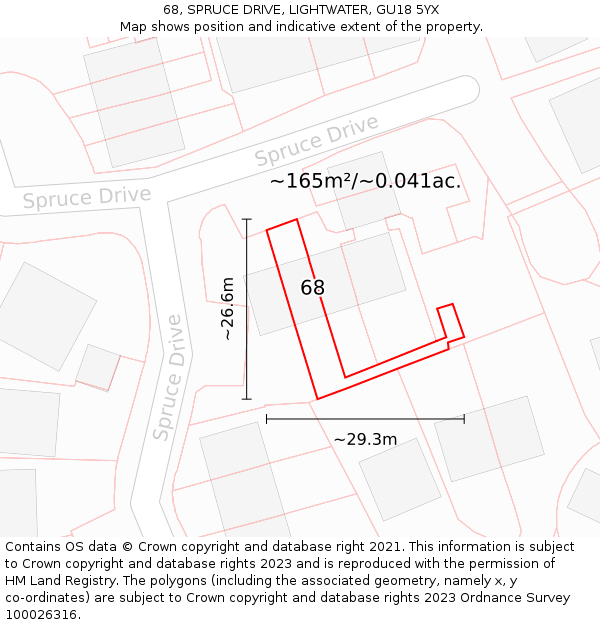 68, SPRUCE DRIVE, LIGHTWATER, GU18 5YX: Plot and title map