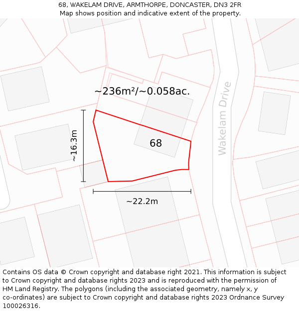 68, WAKELAM DRIVE, ARMTHORPE, DONCASTER, DN3 2FR: Plot and title map